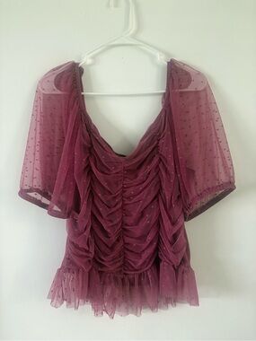Willow Plum Ruched Mesh Short Sleeve Blouse